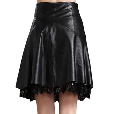 Ladies High Waist PU Leather Skirt女士高腰PU皮蕾丝拼接半身裙