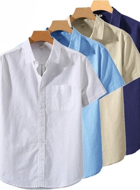 男士夏季薄款短袖衬衫上衣Men's Thin Linen Five Sleeve Shirt