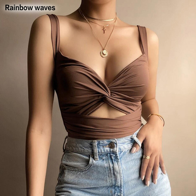 Ladies Summer V Neck Mini Camisole扭结弹力系带V领露 背小吊带