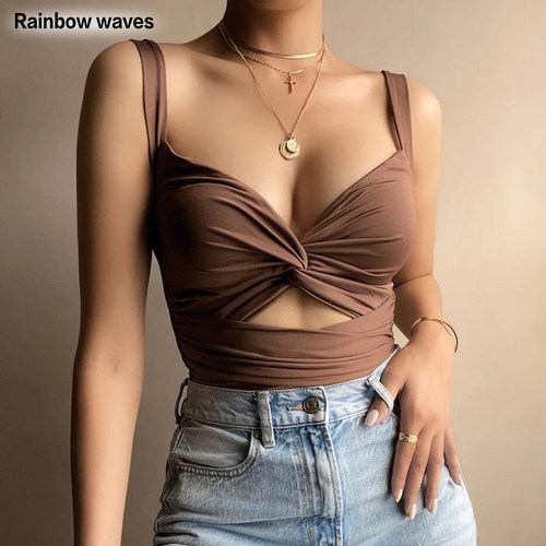 Ladies Summer V Neck Mini Camisole扭结弹力系带V领露 背小吊带