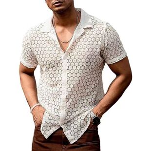 Men's lace cutout cool short-sleeved shirt男蕾丝镂空凉爽衬衫