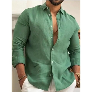 男士欧美风纯色宽松长袖休闲衬衫Men Casual Linen Cotton Shirt
