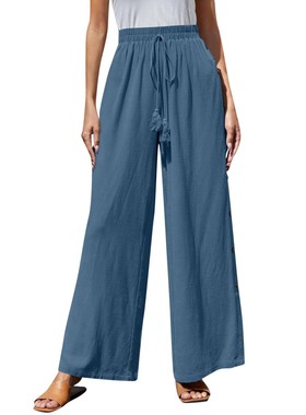 侧面纽扣开叉系带阔腿裤Wide-leg pants with side button splits