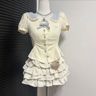 高腰显瘦半身裙短裙两件套 甜美风套装 泡泡短袖 娃娃领领衬衫 女夏季