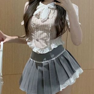2024夏季 甜美辣妹洋气高级感学院风女纯欲蕾丝拼接百褶裙 新款 爆款