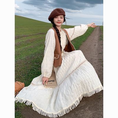 米白色连衣裙套装女秋季2