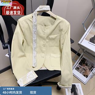 四季青2025春季新款蕾丝拼接PU皮外套女短款小个子单排扣皮衣夹克