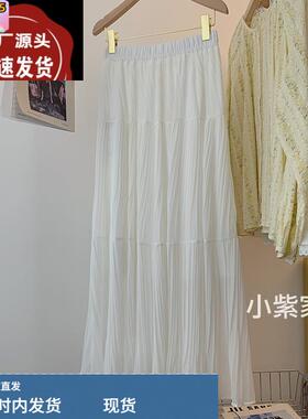 白色高腰百褶雪纺裙女2025春夏薄新款垂感飘逸中长款a字半身裙子