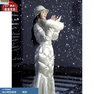 韩版大毛领白色收腰羽绒棉服女冬新款小众设计感时尚显瘦长款外套