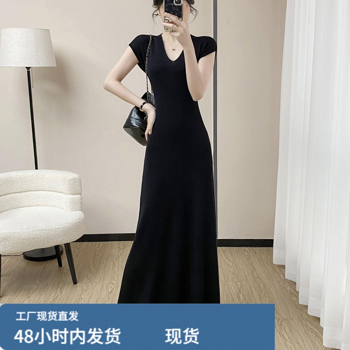 高个子超长款V领修身A字版针织无袖连衣裙气质冰咝到脚踝拖地长裙图片