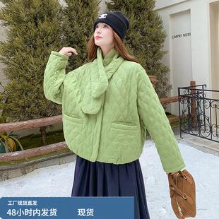 绿色菱形格围巾棉衣棉服女冬季加厚外套2025新韩系超好看短款棉袄