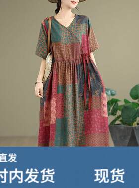 凉快舒服的民族风棉麻洋装女士高端亚麻小个子妈妈休闲宽松裙子