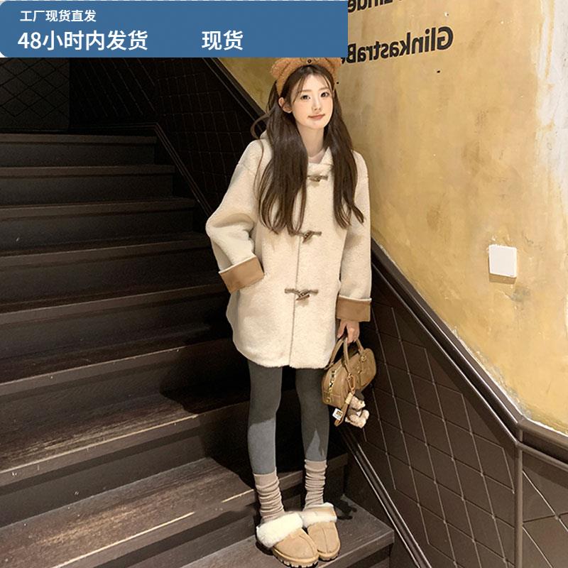 复古连帽牛角扣羊羔毛外套女韩版高级感小个子加厚皮毛一体大衣冬