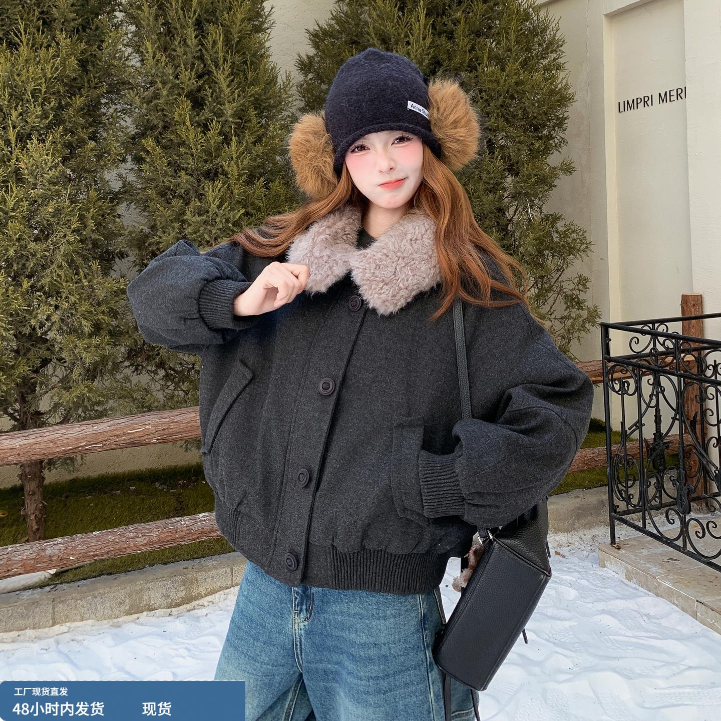 深灰色撞色羊羔毛翻领羽绒服女2025冬季新款韩版加厚90白鸭绒外套