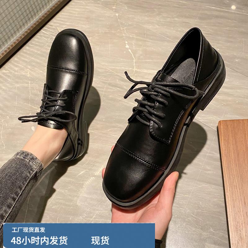 系带小皮鞋女春秋2024年新款百搭休闲厚底单鞋加绒软底大码41一43