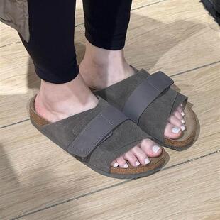 百搭真皮露趾一字拖软底外穿凉拖鞋 勃肯鞋 女复古圆头魔术贴凉拖鞋