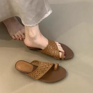 女外穿粗跟气质一字带拖鞋 羊皮版 度假风手工编织镂空套趾凉拖鞋