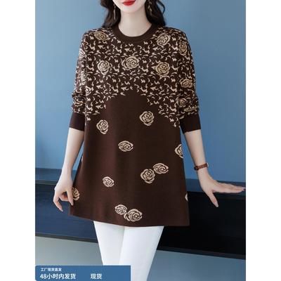 秋冬季内搭针织连衣裙女士2025新款洋气玫瑰花中年妈妈打底毛衣裙