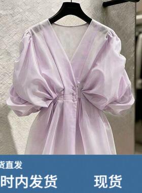 欧货高端浅蓝色泡泡袖大码上衣女2026夏季新款优雅收腰设计感T恤