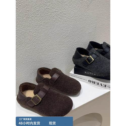 内增高加绒毛呢勃肯鞋女2025冬季新款覆古一脚蹬懒人豆豆鞋棉鞋子