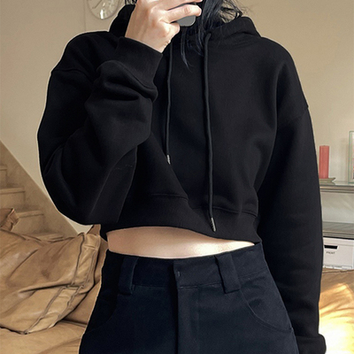 加绒宽松美式短款连帽卫衣女