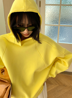 韩系慵懒松弛感短款连帽黄色卫衣女款秋冬新款加绒套头小个子上衣