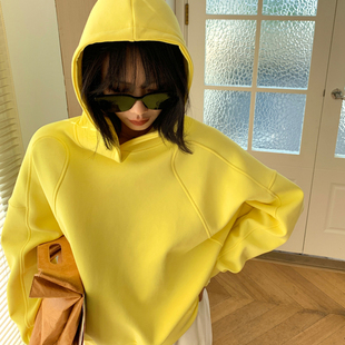 加绒套头小个子上衣 秋冬新款 韩系慵懒松弛感短款 连帽黄色卫衣女款