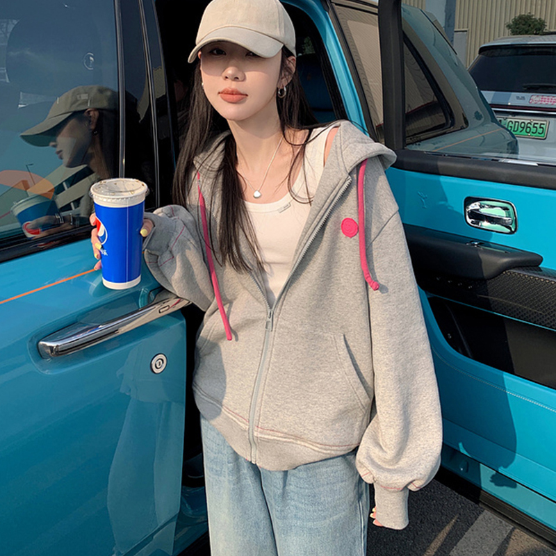 宽松慵懒风拉链开衫卫衣外套女
