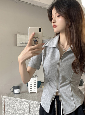 灰色短袖t恤女正肩2023年新款小衫夏季设计感小众拉链短款上衣ins