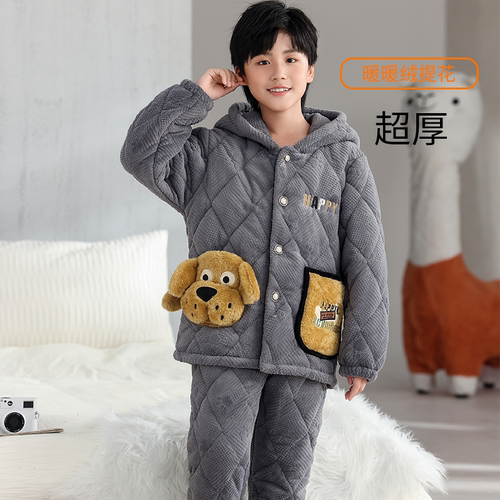 男童法兰绒加厚保暖连帽睡衣套装