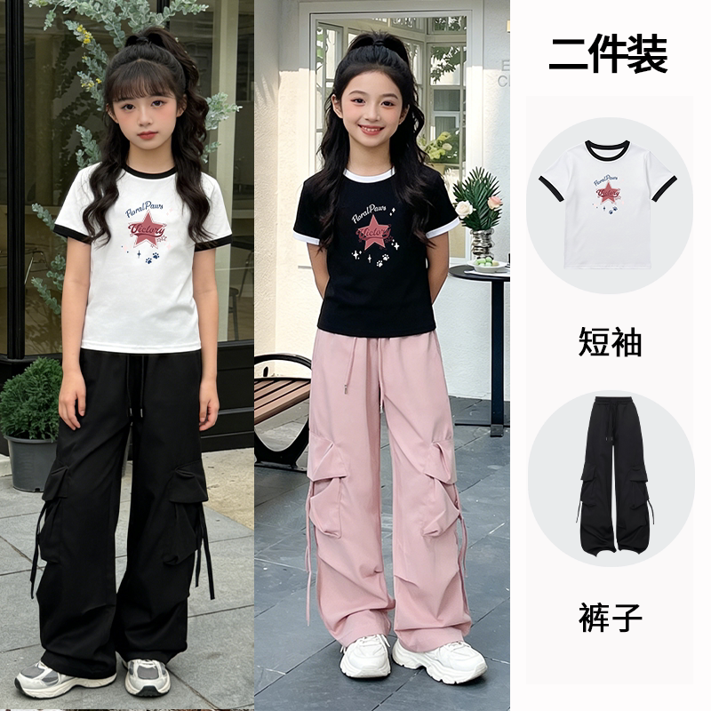 大童休闲12-18岁夏季女童韩系穿搭套装短袖T恤中学生工装裤套装潮