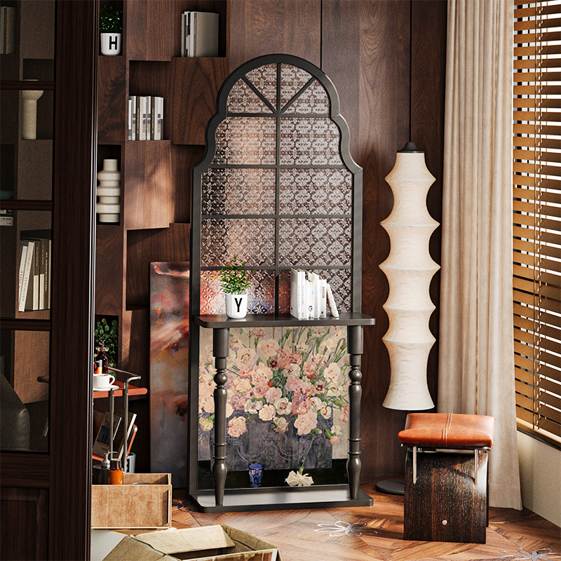 法式中古屏风隔断客厅装饰小户型玄关遮挡海棠玻璃实木置物架花卉