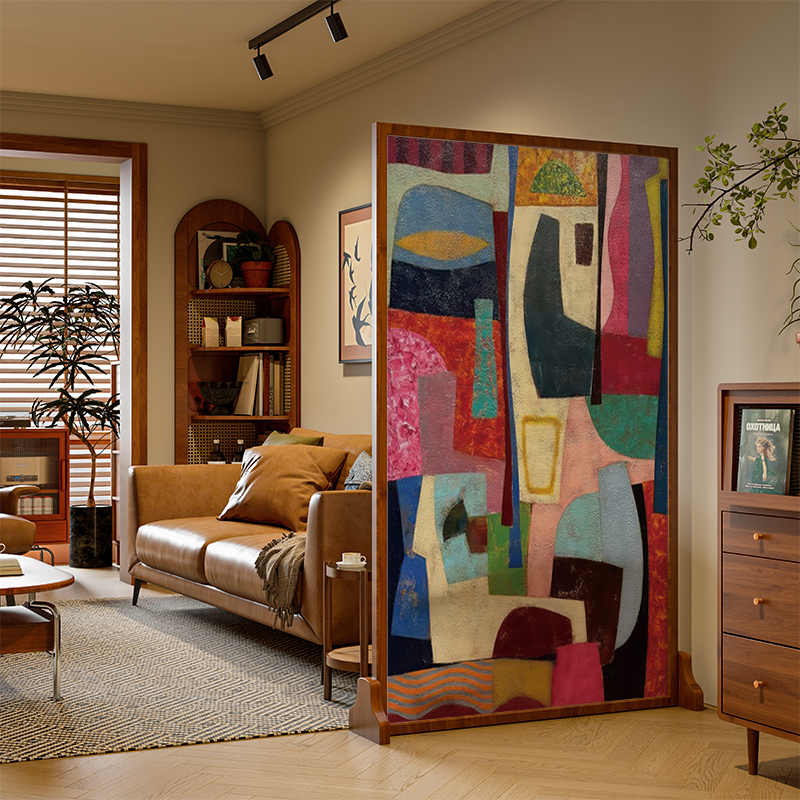 法式中古风实木屏风隔断客厅装饰家用小户型玄关餐厅移动抽象座屏