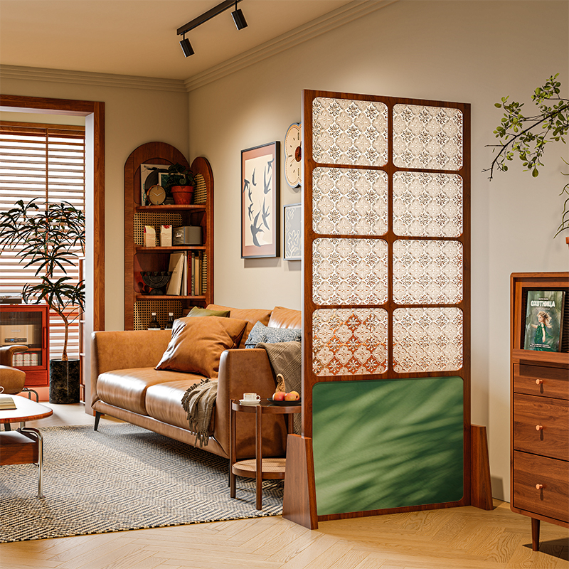 法式复古海棠花玻璃实木屏风隔断客厅装饰卧室可移动遮挡绿色光影