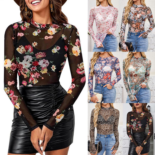 欧美高领蕾丝花卉网纱打底衫t恤 Lace floral mesh base T-shirt