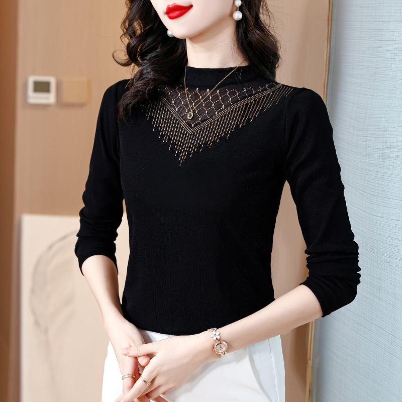 中年妈妈半高领黑色烫钻洋气网纱长袖打底衫女士秋内搭上衣0926e