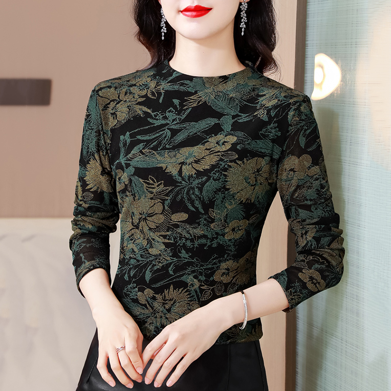 中年妈妈立领印花网纱长袖t恤女士秋冬内搭小衫减龄打底上衣0926e