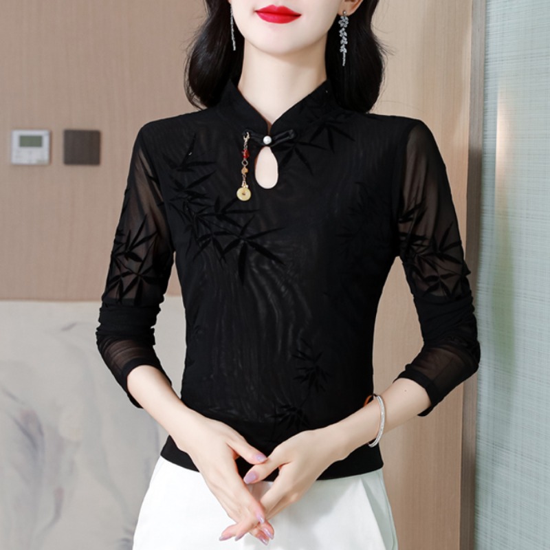 中年妈妈秋冬立领盘扣黑色网纱长袖t恤女秋冬内搭打底衫上衣0926e