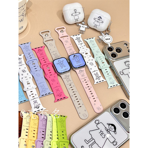 卡通情侣男孩女孩适用苹果iwatchS11硅胶表带applewatchs10/S9/S8