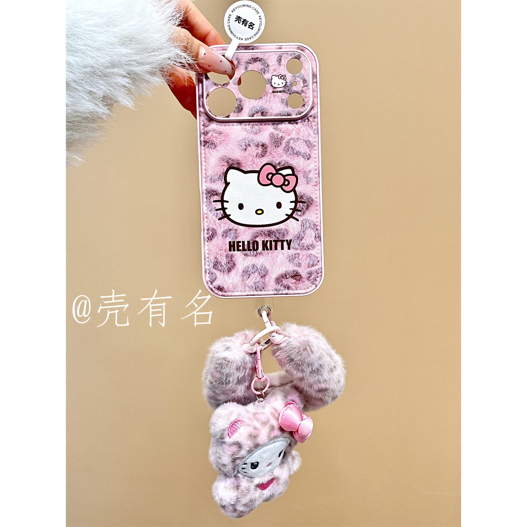 粉豹纹贴皮涂鸦猫咪脑袋挂绳适用苹果17手机壳iPhone16/15/14