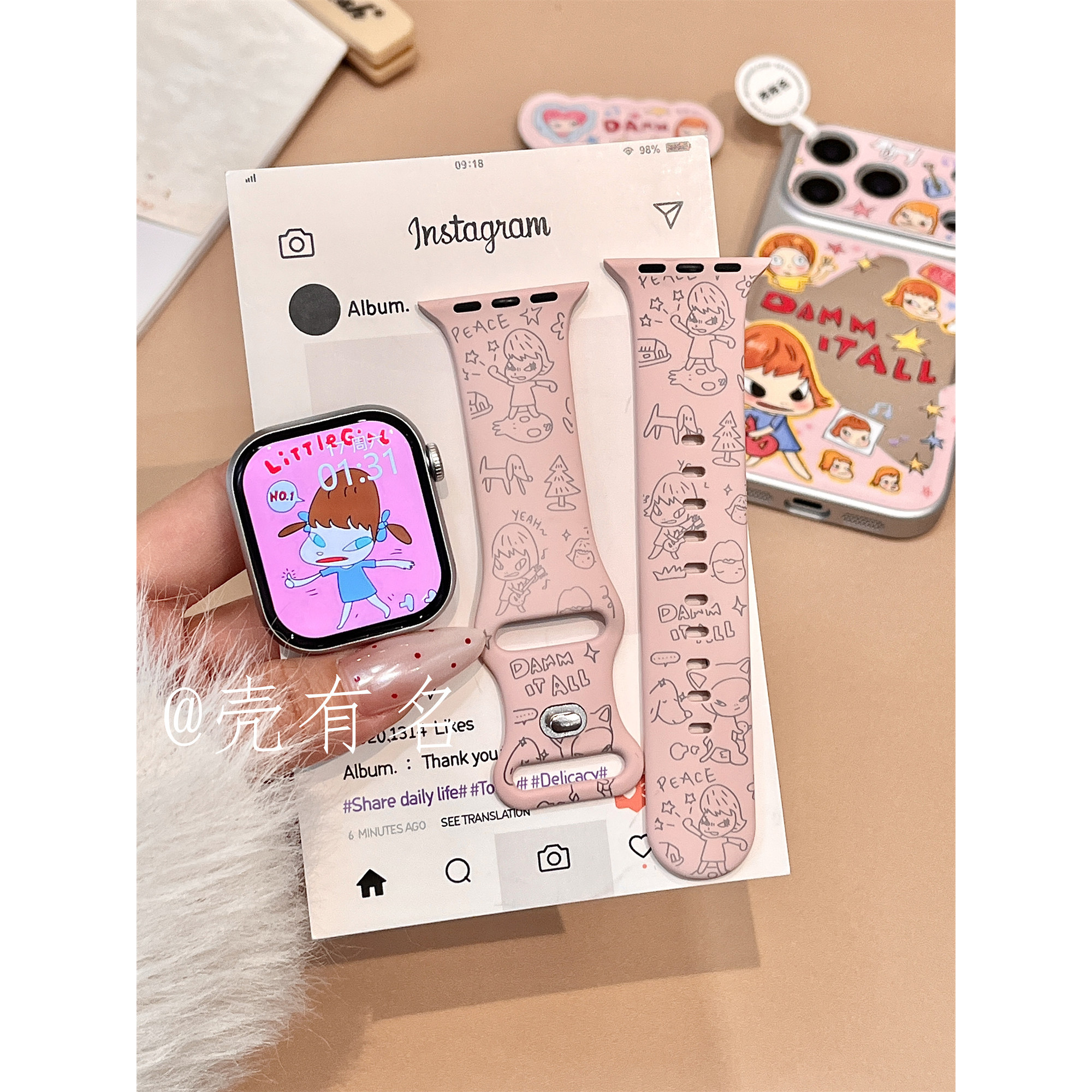 少女粉奈良美智适用苹果iwatchS11硅胶表带applewatchs10/S9可爱,智能设备,智能手表手环表带/腕带,淘宝优惠券,粉丝福利购,淘宝优惠卷