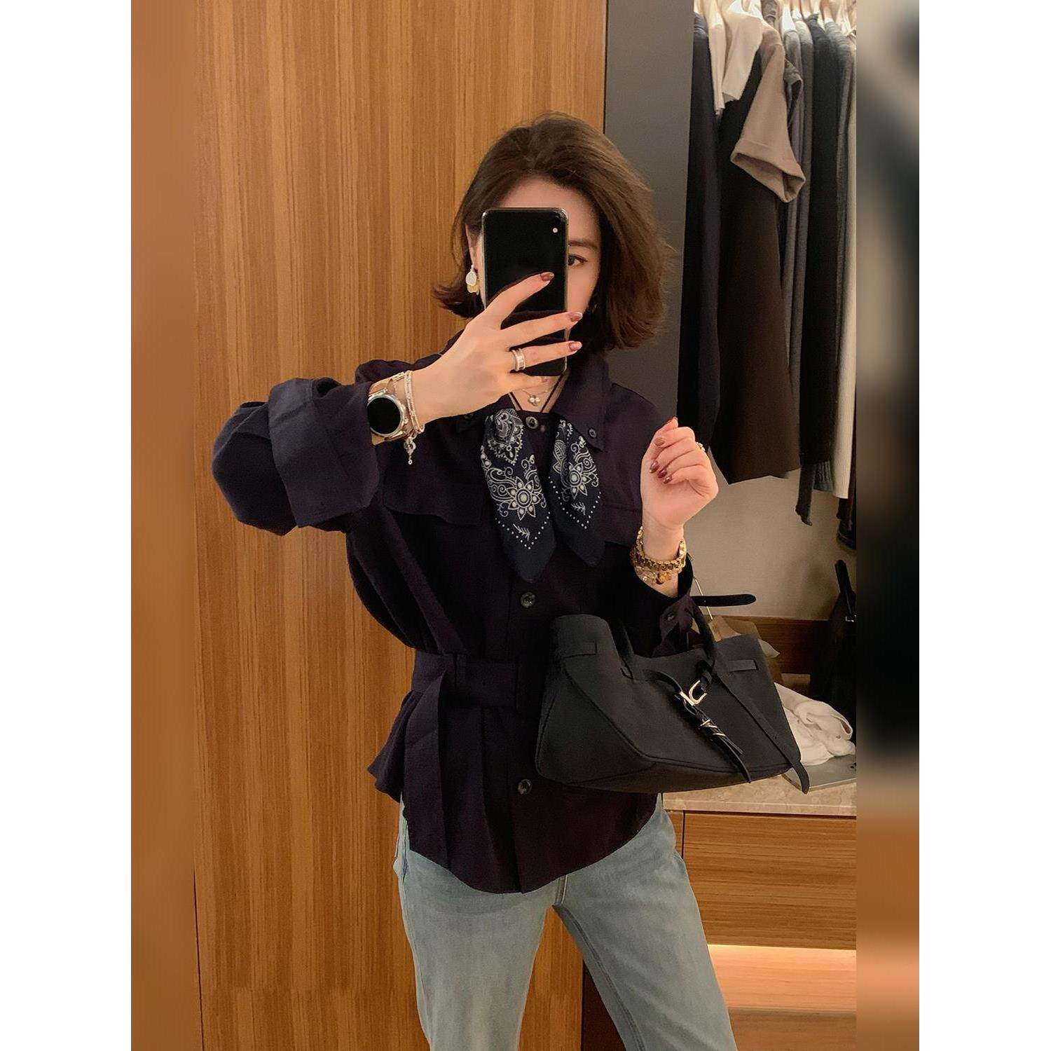 JOYIASS2025新款老钱系腰带外套女装春秋休闲气质显瘦衬衫上衣女