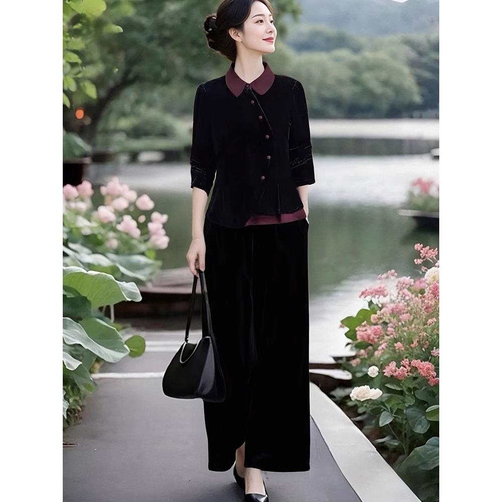 JOYIASS2025新款套装女装春秋洋气撞色拼接金丝绒上衣松紧腰裤子