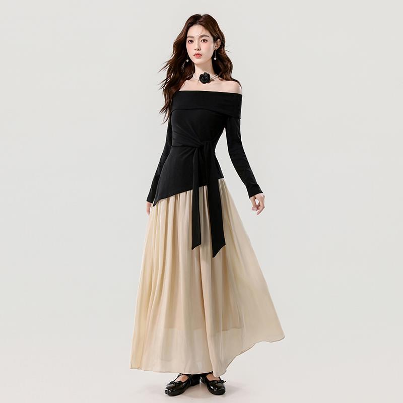 JOYIASS高级法式黑色晚礼服名媛时尚性感一字领露肩蝴蝶不规则连