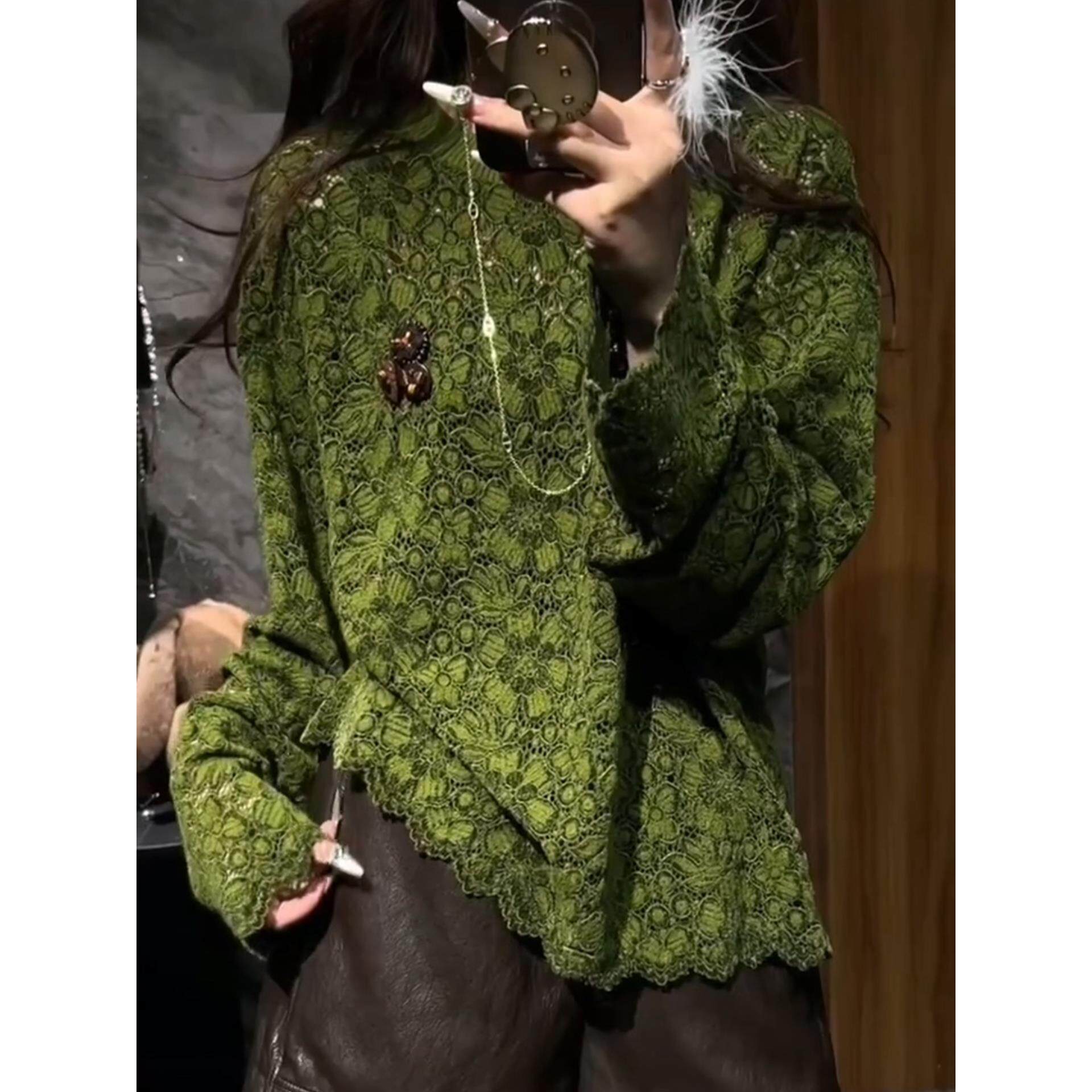 JOYIASS2025新款绿色蕾丝钩花上衣女装春秋法式精致独特漂亮巨好