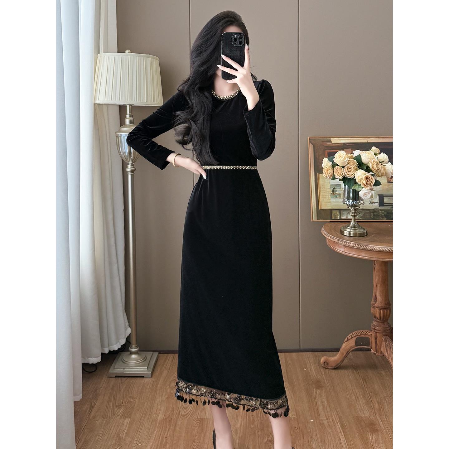 JOYIASS高级覆古减龄洋气少女长袖流苏钉珠金丝绒连衣裙黑色小礼