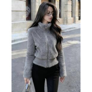 JOYIASS2025新款灰色毛绒厚外套女装秋冬独特漂亮洋气时髦小香风