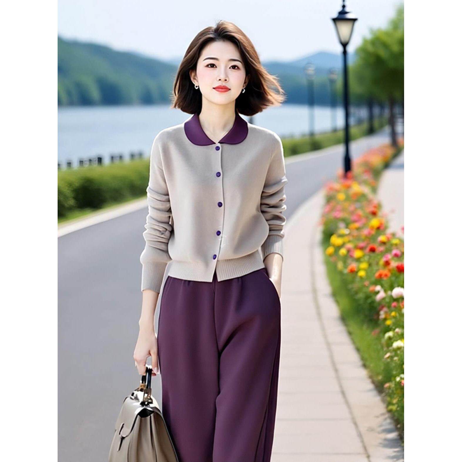 JOYIASS2025新款40到50多岁女装套装春秋撞色翻领针织衫+气质裤子