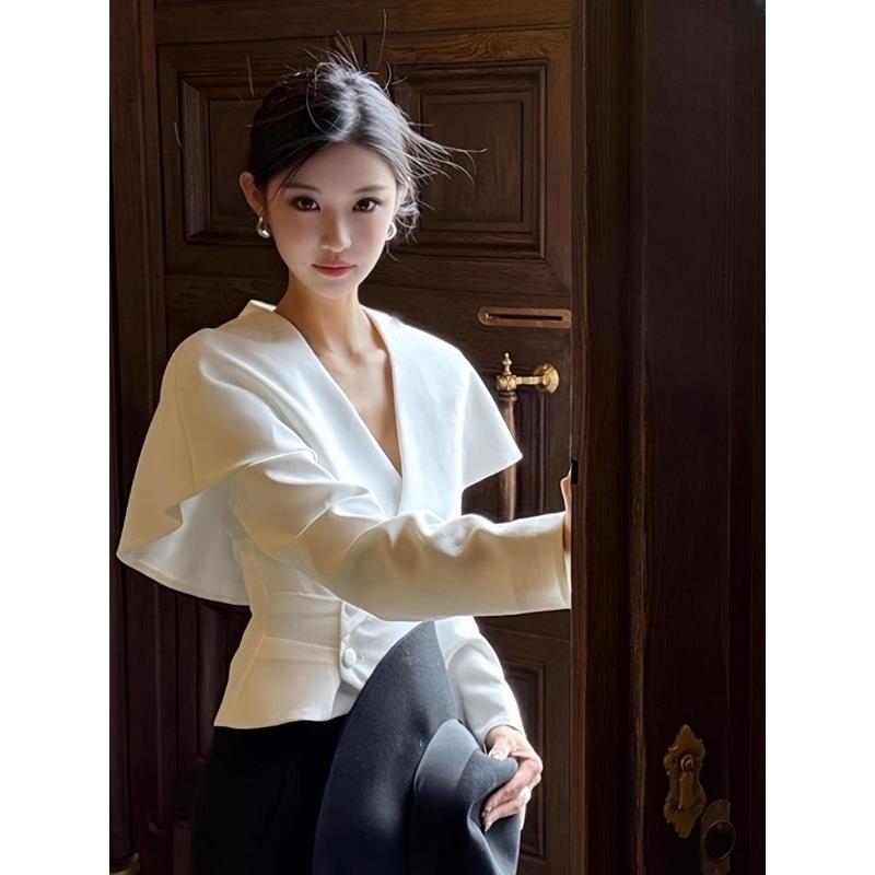 JOYIASS2025新款假两件白色斗篷衬衫女装春秋法式高级感减龄洋气