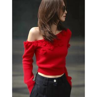 JOYIASS2025新款韩系氛围感上衣女装秋冬小众设计立体花朵红色斜